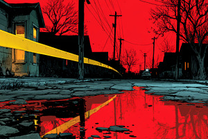 Crime scene at dusk with yellow police tape across an abandoned urban street re, a Photo by AS photostudio
