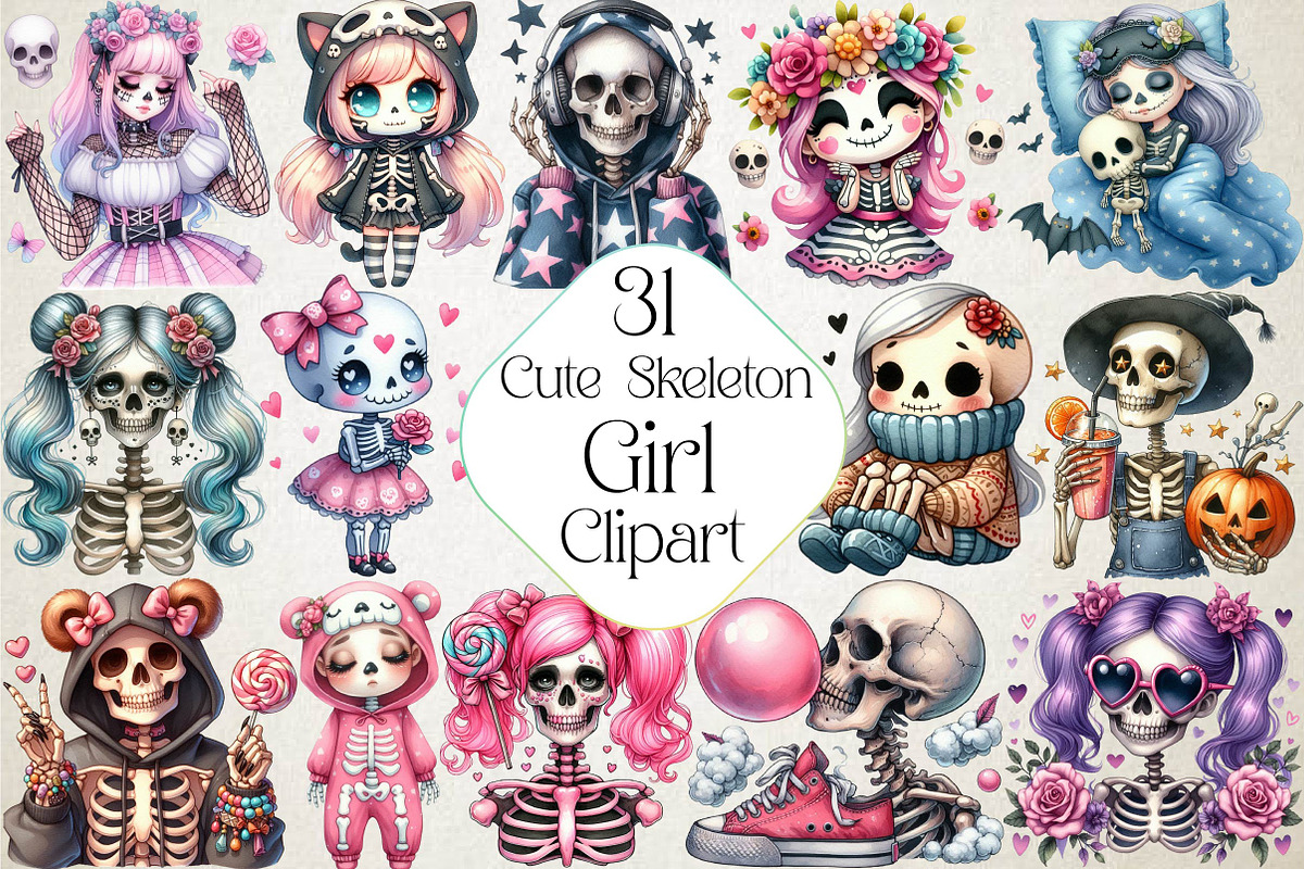 Cute Skeleton Girl PNG Clipart, an Illustration by DreamPrint404 (Photo 1 of 6)