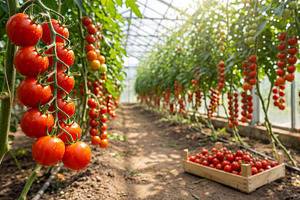 Ripe tomatoes in clusters growing, a Food & Drink Photo by Volff