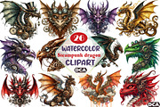 Watercolor Steampunk dragon Clipart, an Illustration by DreamCafeArt (Thumbnail 1 of 5)