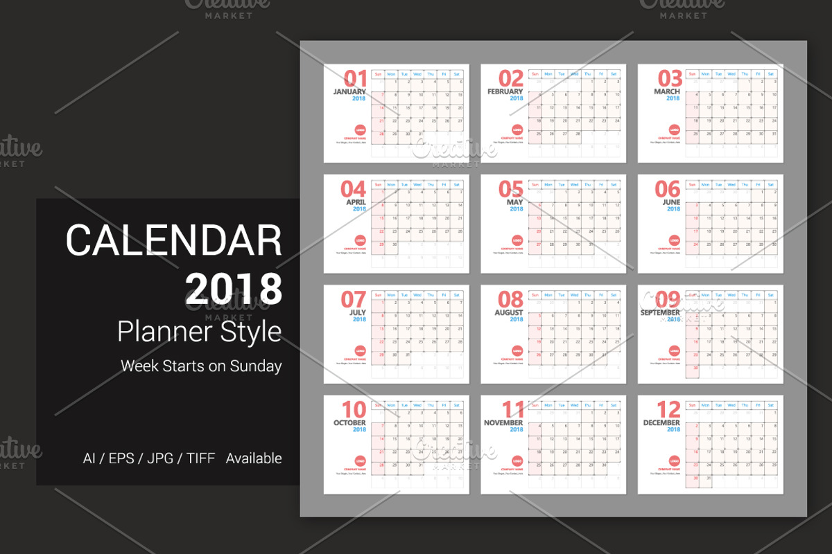 Calendar 2018 Planner Design, a Stationery Template by WORAKAMON Design Studio (Photo 2 of 6)
