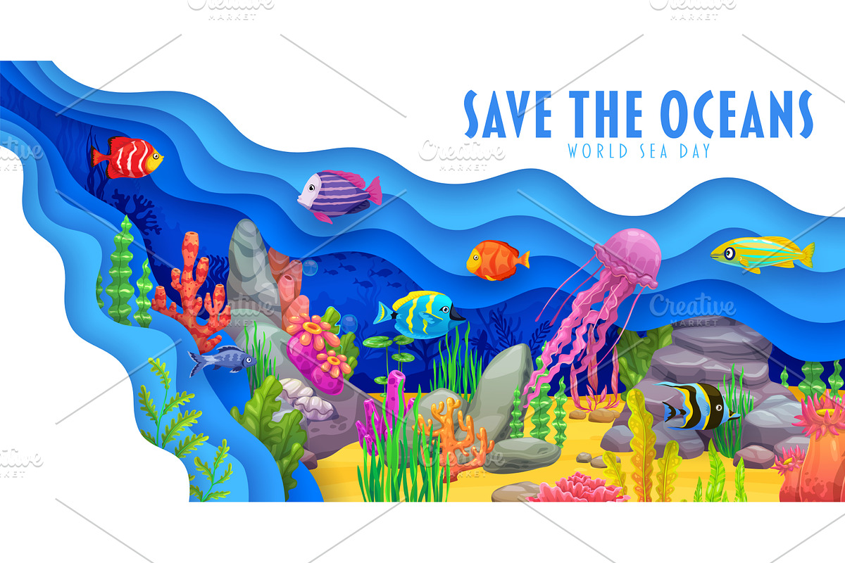 Paper cut underwater sea landscape, an Animal Illustration by Vector Tradition
