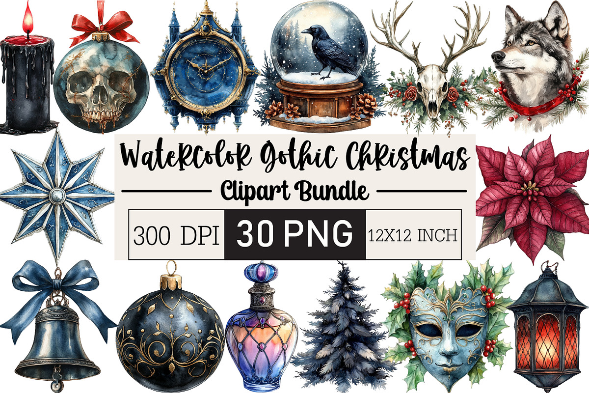 Watercolor Gothic Christmas Clipart, an Illustration by Black Bird Studio (Photo 1 of 6)