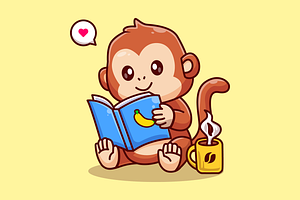 Cute Monkey Reading Book With Coffee, an Animal Illustration by Catalyst Labs