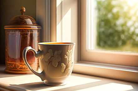 Sunny morning in the English countryside, cup of tea by the wind, a Food & Drink Photo by Anneleven