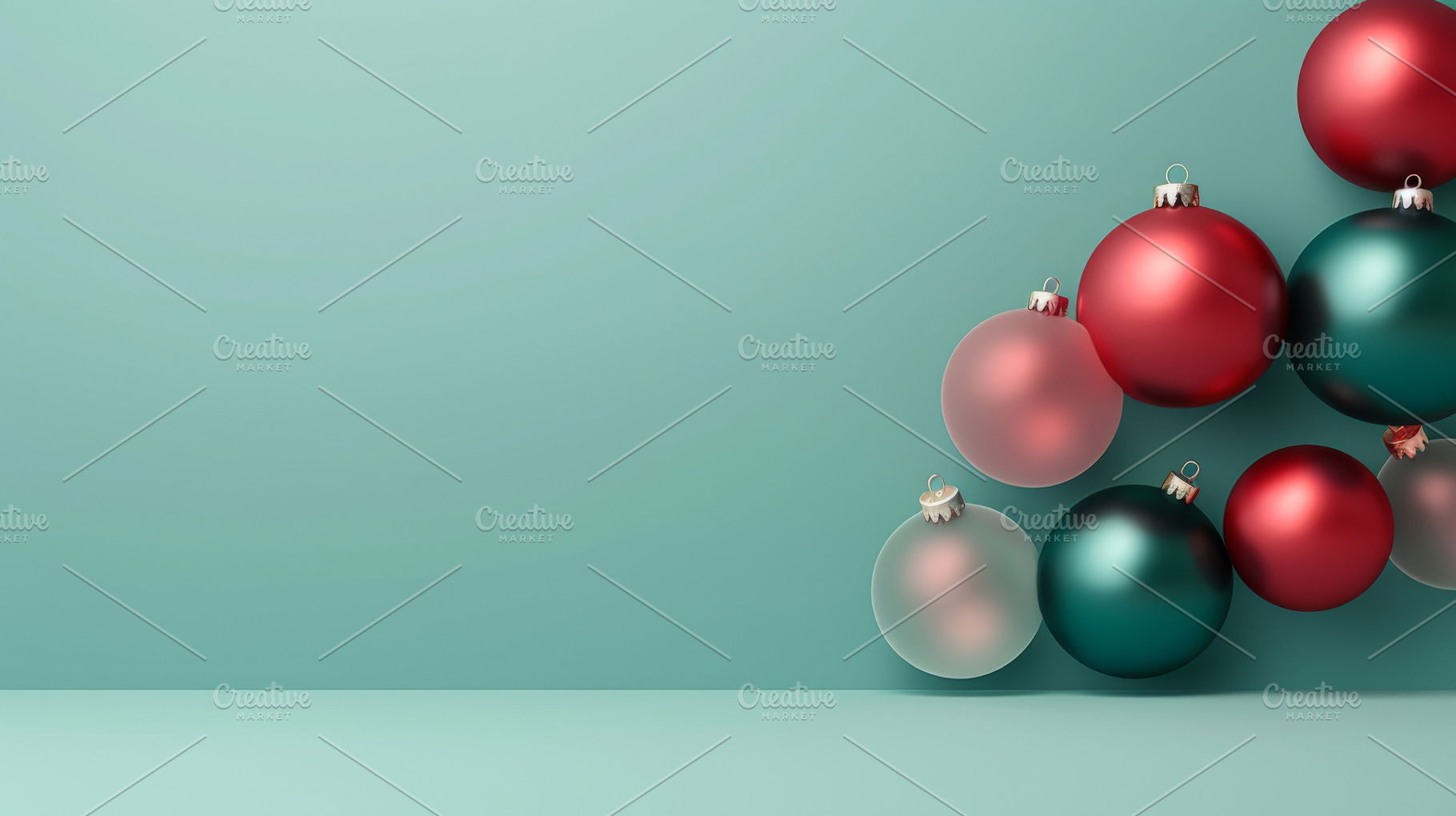 Christmas red and green matte ornaments on teal green background, a Photo by Dvoevnore photos