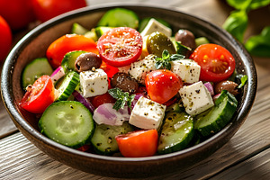 Fresh Greek salad with feta cheese and olives, a Food & Drink Photo by Photostock