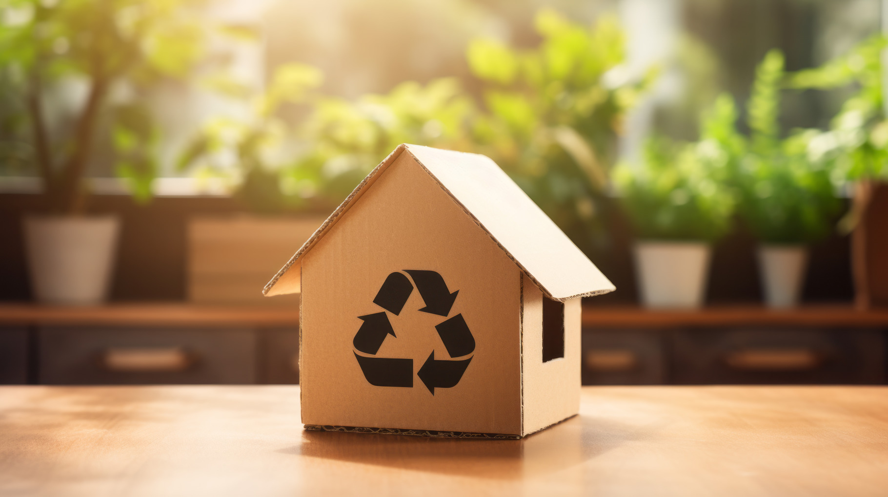 Cardboard house on nature background, recycling sign, an Abstract Photo ...