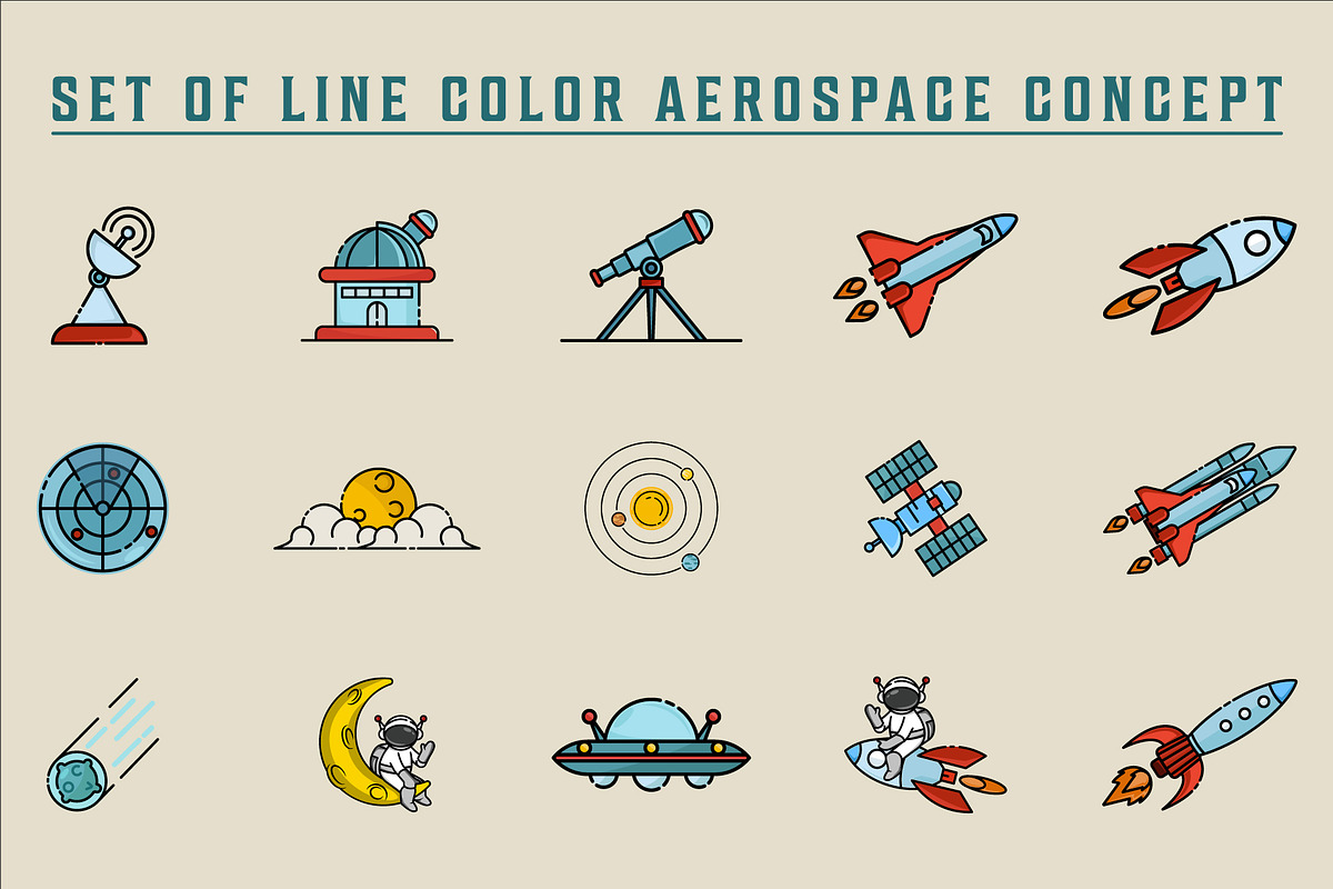 set of aerospace icon line color, a Branding & Logo Template by zyxroun shop