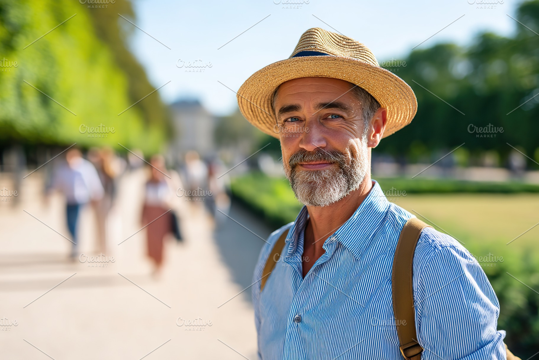 Mature man in straw hat walking through a park on a sunny day enjoying nature a, a Person Photo by AlyaAnd