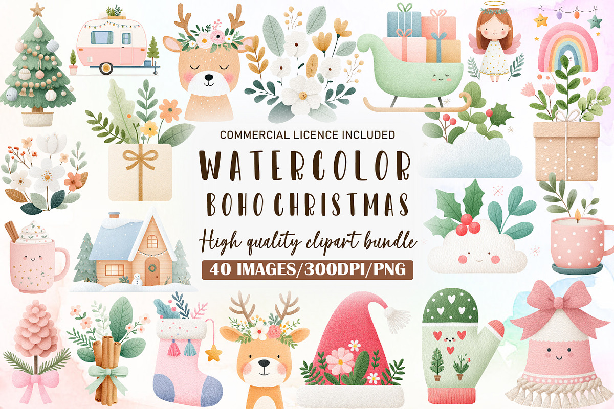 Cute Boho Christmas Clipart, an Illustration by Sublimation Artist (Photo 1 of 6)