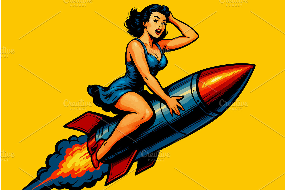 Pin-Up Girl Riding Rocket in Pop Art, a Person Illustration by AlexArt