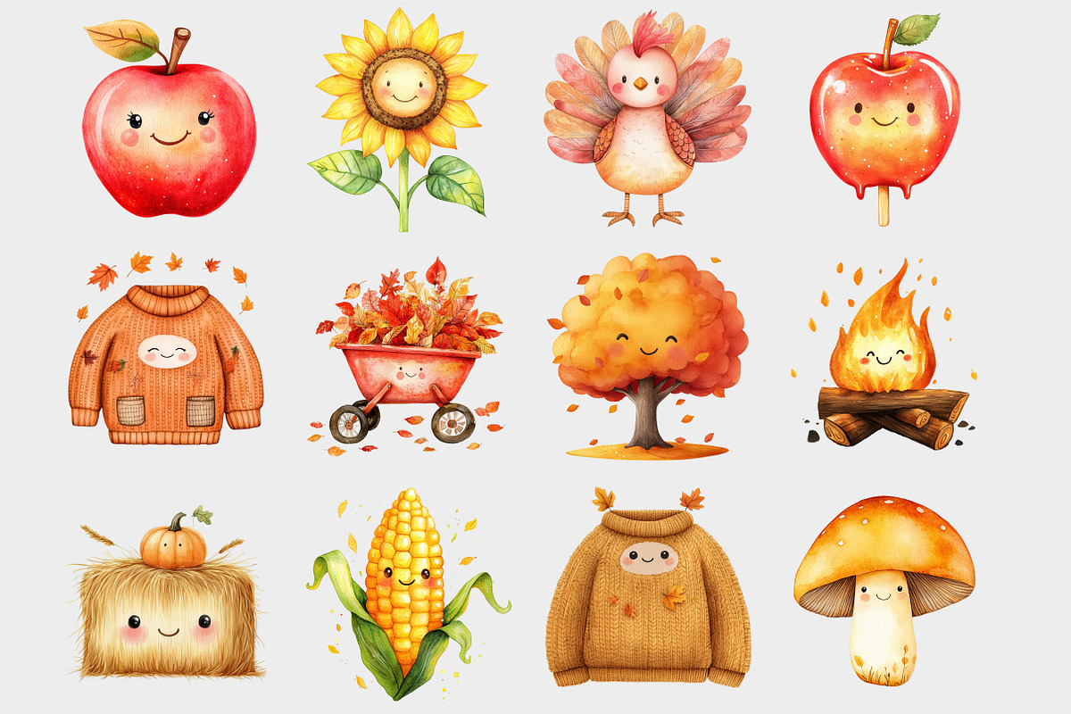 Watercolor Kawaii Autumn Clipart, a Seasonal Illustration by Design Market (Photo 4 of 5)