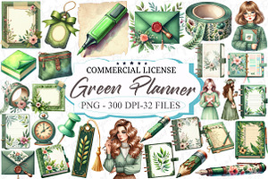 Watercolor Green Planner Clipart, a Graphic by designcity5