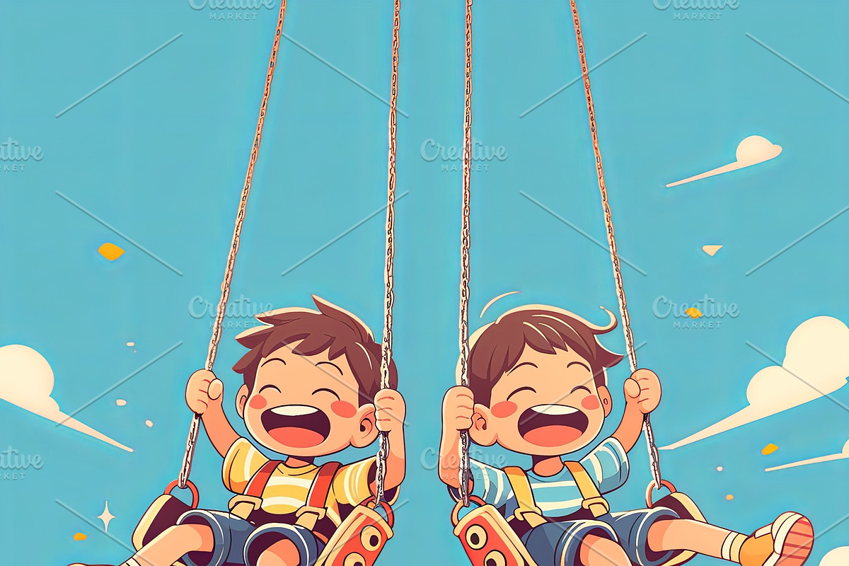 Smiling children enjoy a thrilling swing ride at a lively fairground, an Illustration by AS photostudio