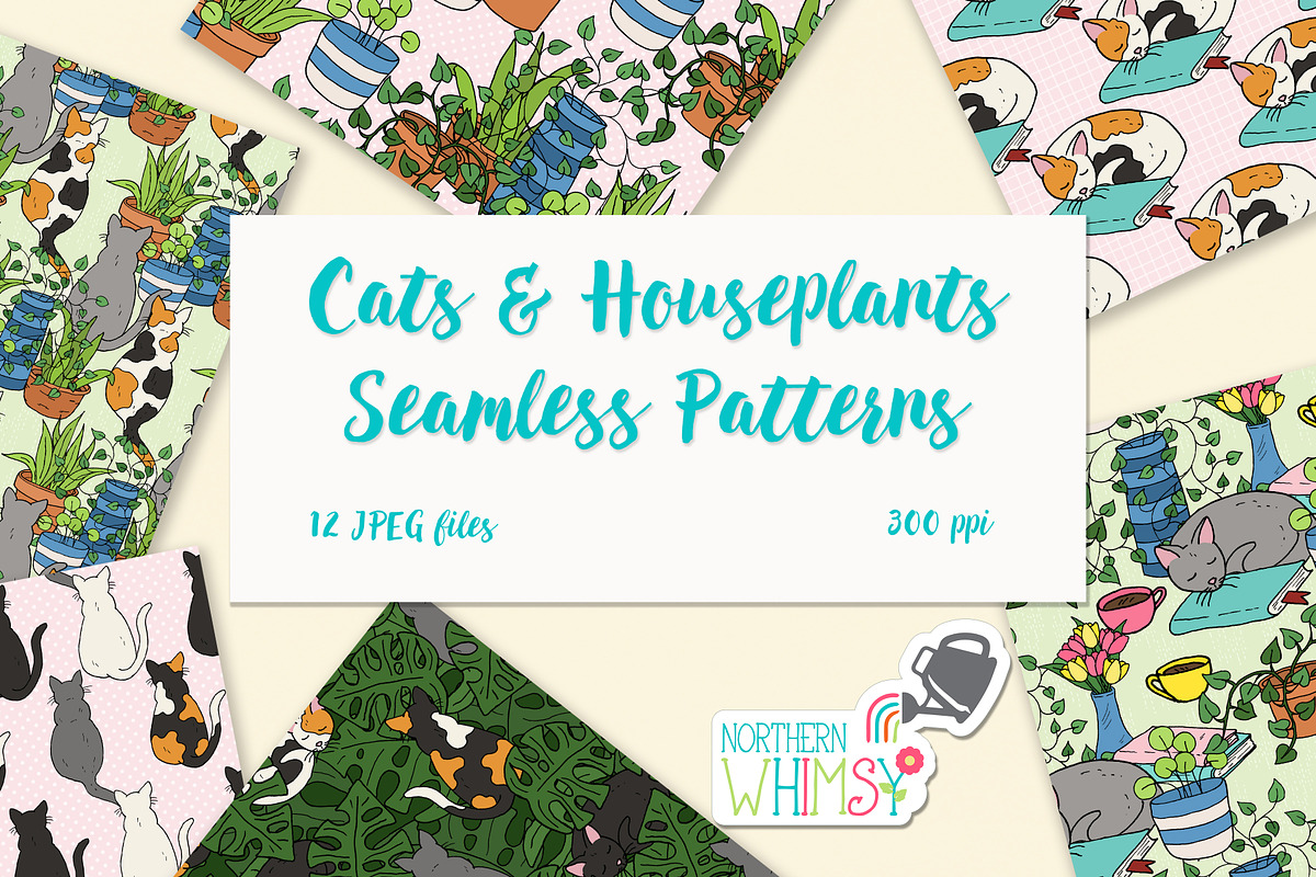 Cozy Cats, Books & Houseplants, a Pattern Graphic by Northern Whimsy Design (Photo 1 of 4)