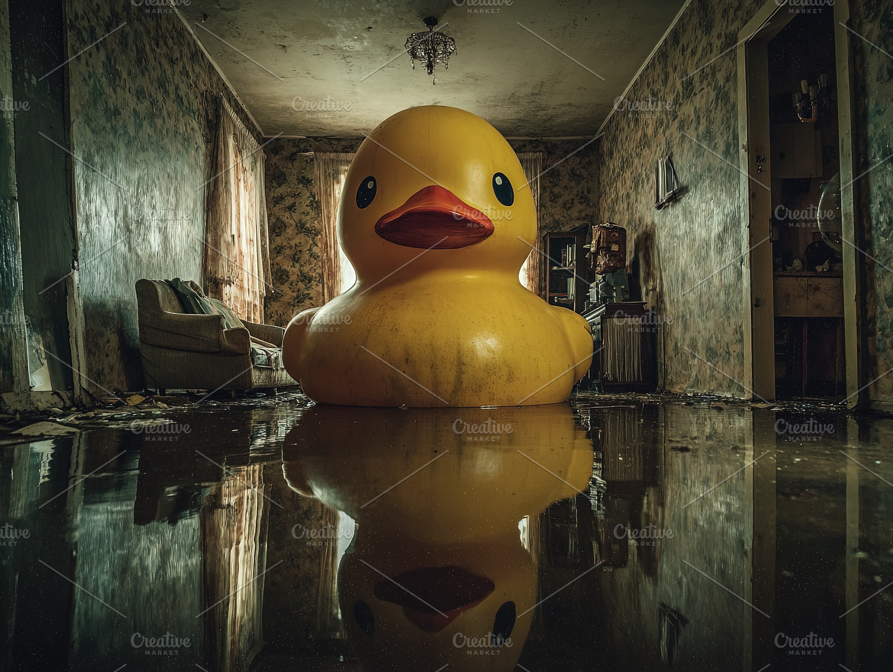 Large yellow rubber duck floats in water inside an abandoned, vi, an Animal Photo by Ales Munt