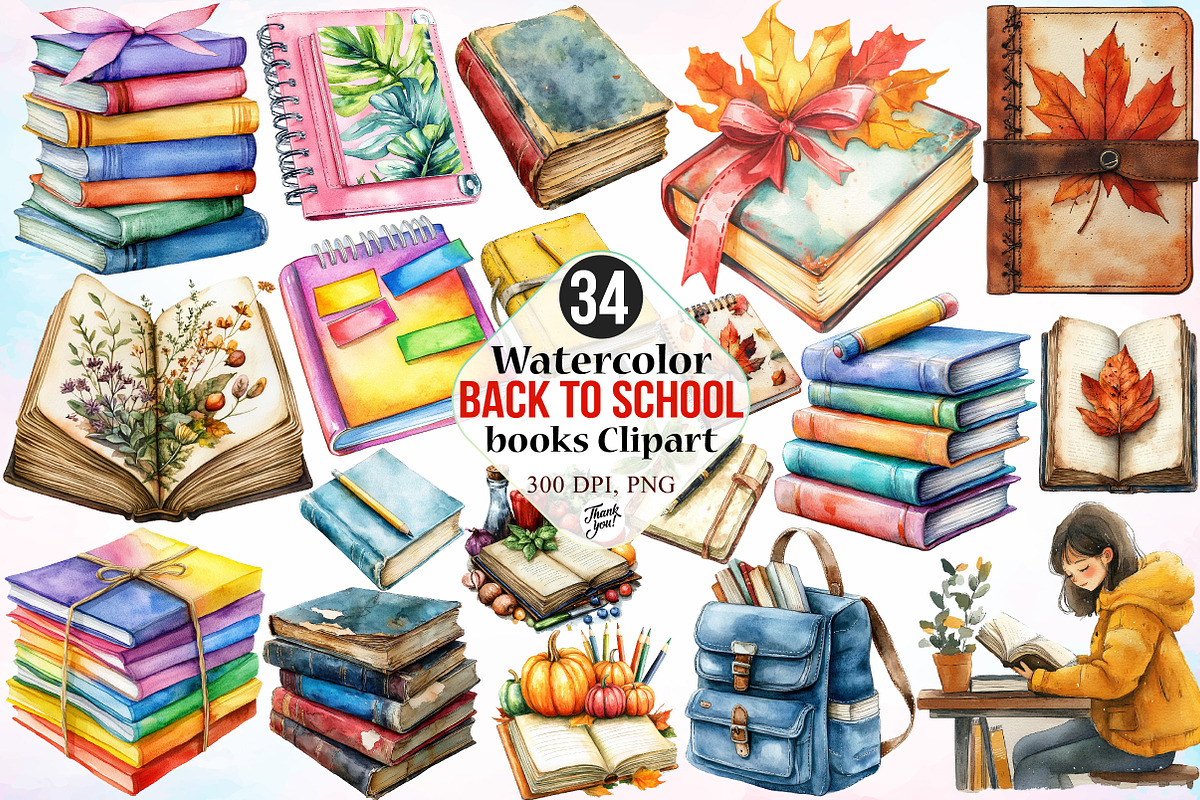 Watercolor Back to School Books PNG, a Seasonal Illustration by Canvas Craft (Photo 1 of 3)
