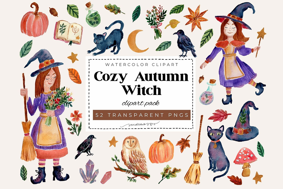 Cozy Autumn Witch Watercolor Clipart, a Seasonal Illustration by SandraGraphicDesign (Photo 1 of 5)