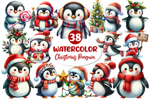 Christmas Penguin Watercolor Clipart, an Illustration by Dream Creation