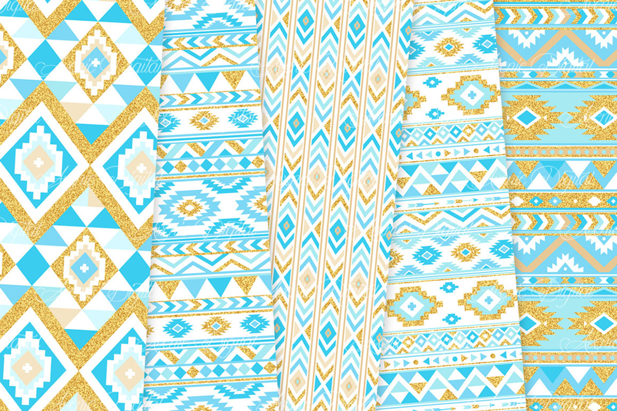 Blue & Gold Boho Seamless Patterns, a Pattern Graphic by Avenie Digital