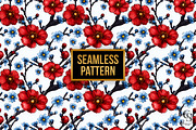 Red Blue Cute Cherry Blossoms Papers, a Pattern Graphic by Creative Store (Thumbnail 4 of 5)