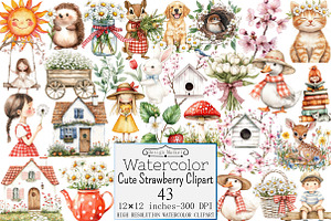 Watercolor Cute Strawberry Clipart, a Seasonal Illustration by Design Market