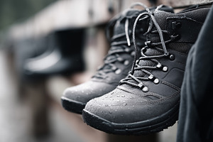 Wet black hiking boots with water, a Sports & Recreation Photo by MistyDay