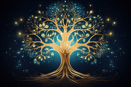 Ornate spirit tree on sparkling dark background. Mythological ma, a Nature Photo by Studio Light & Shade