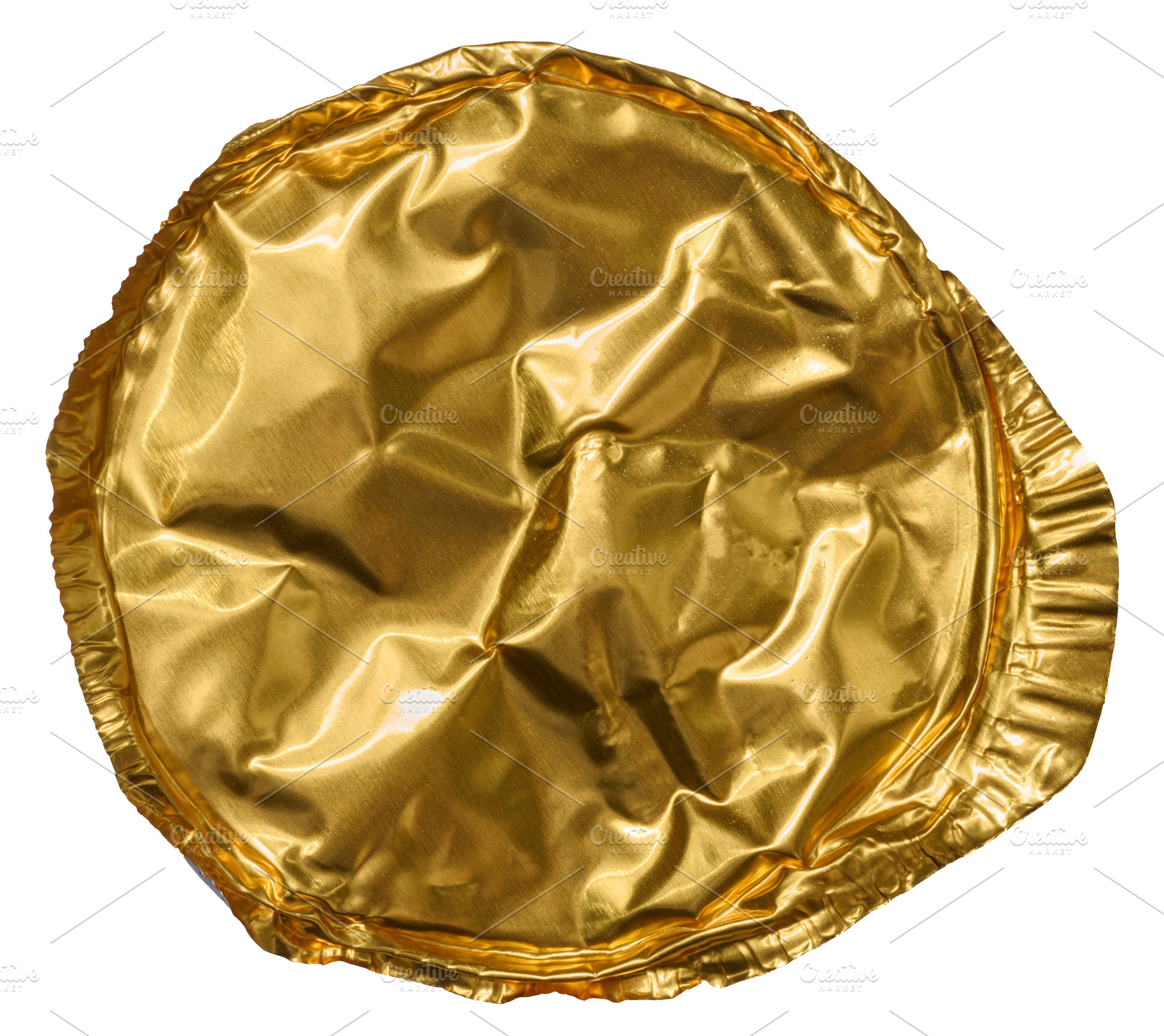 Wrinkled, round, golden foil lid, isolated background, viewed fr, an Industrial Photo by ndanko