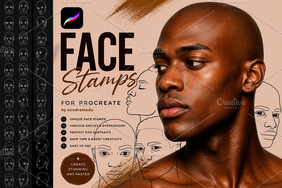 African Men Face Stamp for Procreate, a Brush Add-On by sundrameda (Photo 1 of 7)