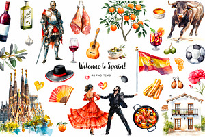 Watercolor Spain symbols clipart, an Illustration by Art and Funny