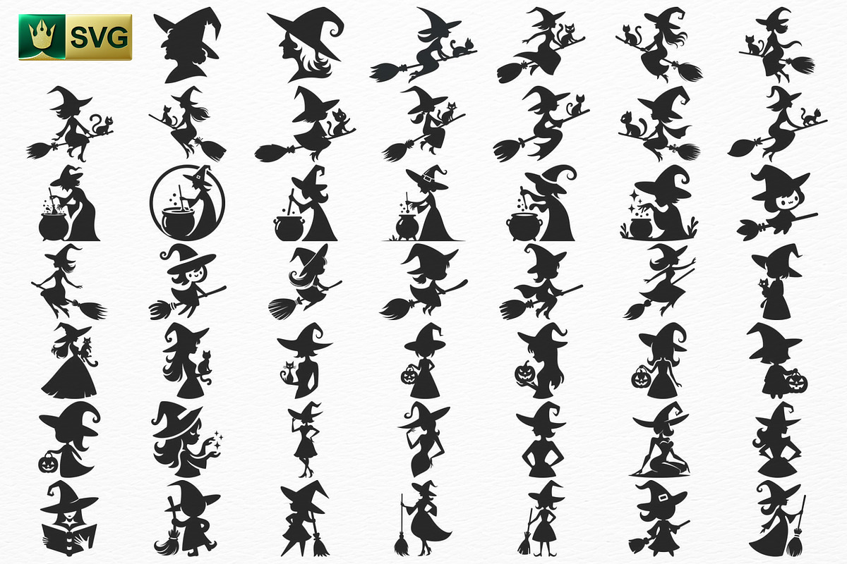 50 Halloween Witch SVG Designs, a Person Illustration by pixaroma (Photo 2 of 7)