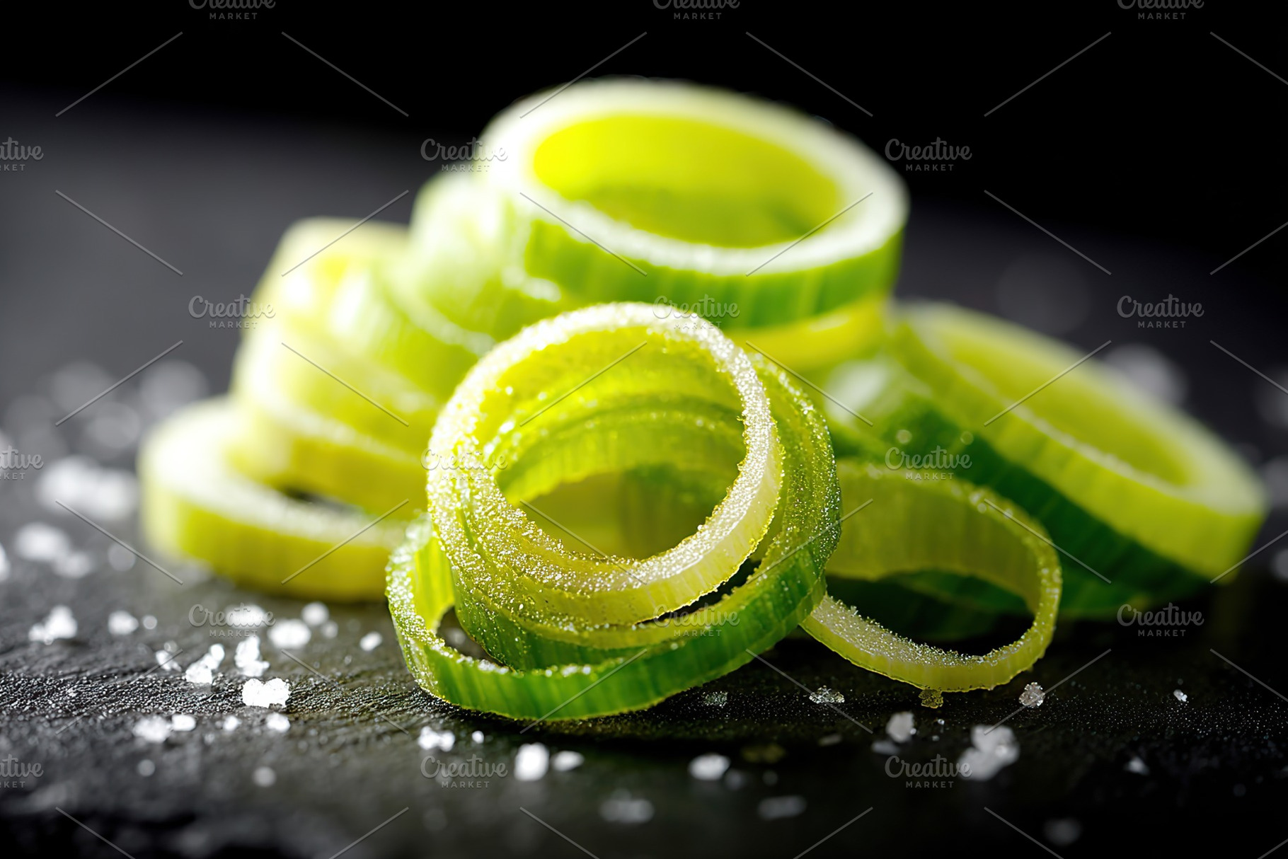 Slices of green onion stacked on a dark surface sprinkled with coarse salt, a Food & Drink Photo by AlyaAnd
