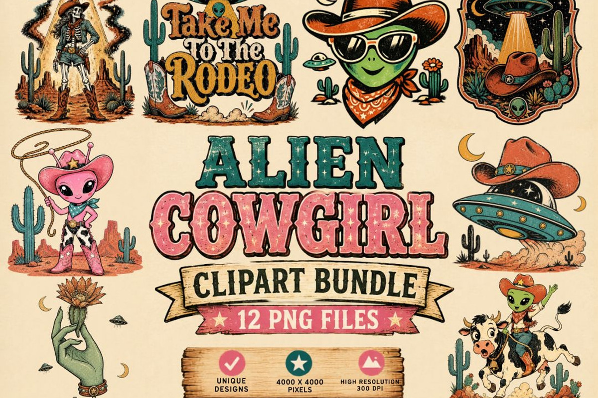 Alien Cowgirl Clipart Bundle, a Technology Illustration by Tanya Kart (Photo 1 of 5)