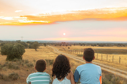 Three friends looking the sunset in a summer day