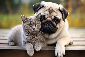 Animal friendship, cat and dog hugged each other