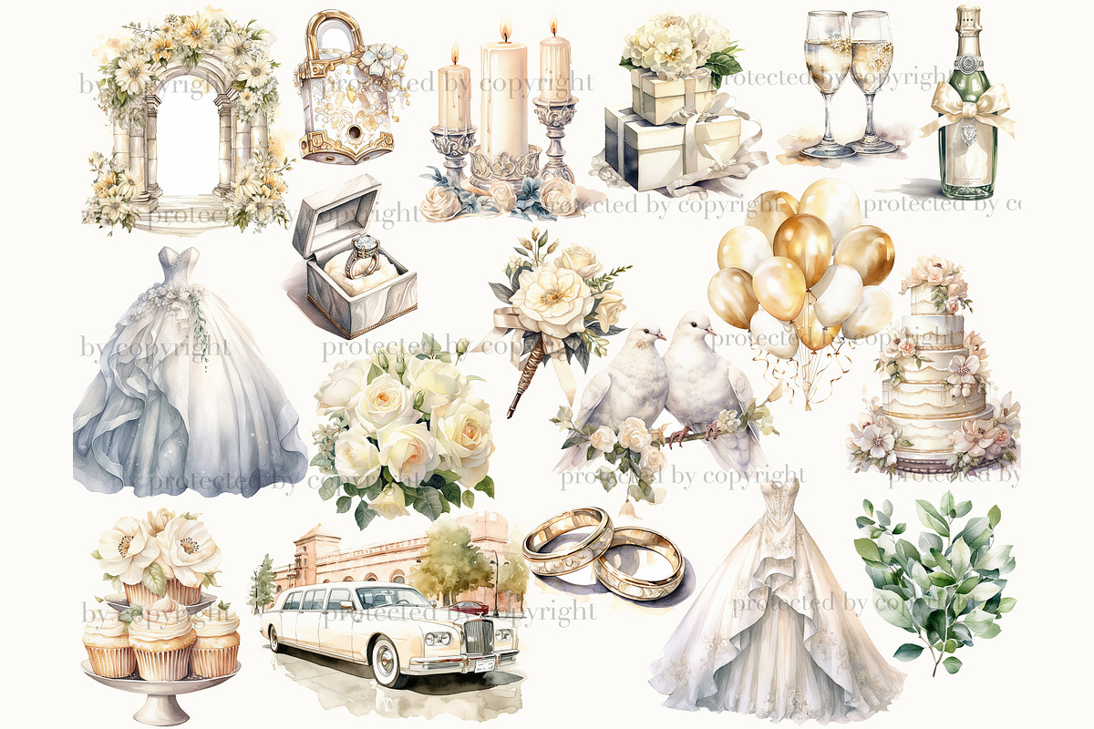 Watercolor Wedding Clipart Bundle, a Decorative Illustration by GlamArtZhanna (Photo 2 of 7)