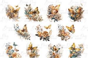 Golden Flowers And Butterfly Clipart