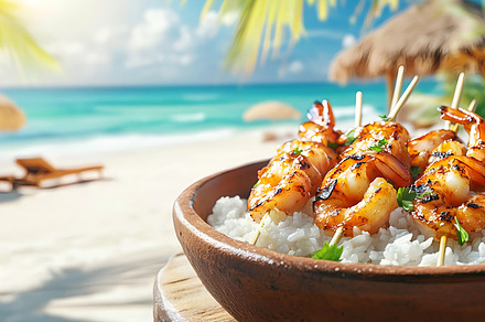 Grilled shrimp skewers served in ric