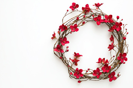 Festive wreath with red flowers and green leaves on white backgr, a Person Photo by José Manuel Gelpi