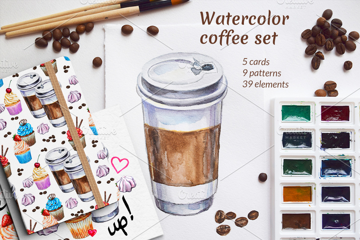 Watercolor coffee set illustration., a Food Illustration by Lina's store (Photo 1 of 5)