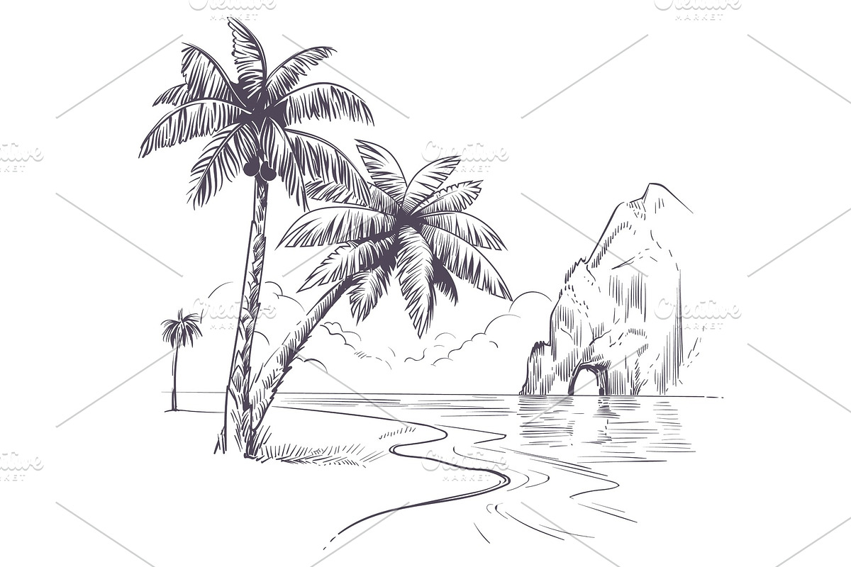 Palm tree landscape. Sketch tropical, an Illustration by YummyBuum