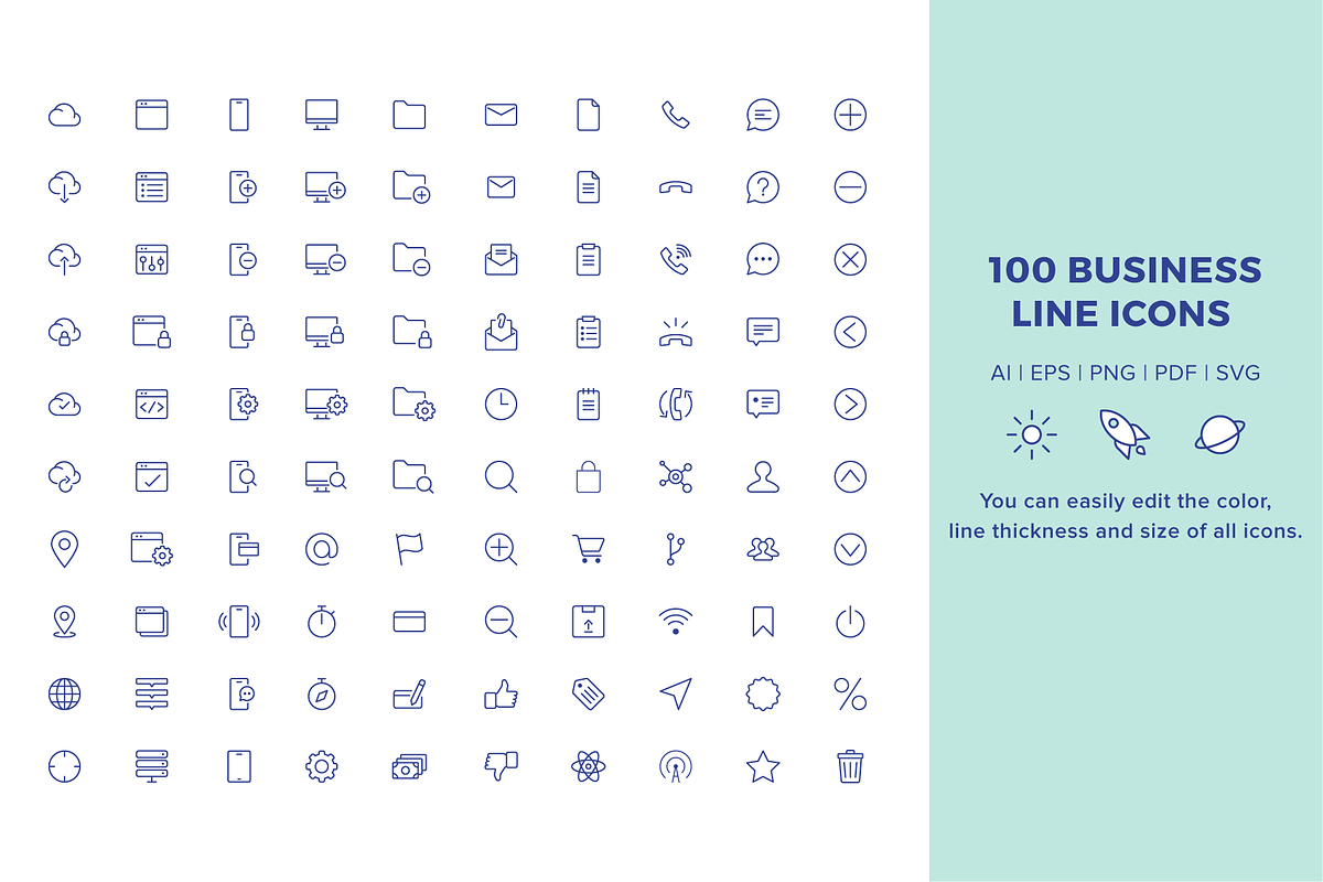 100 Business Line Icons, an Outline Icon by fidjei (Photo 2 of 2)