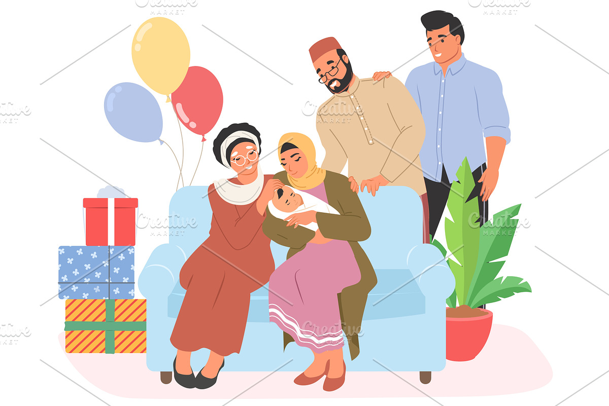 A Muslim family gathers joyfully on, an Object Illustration by SiberianArt