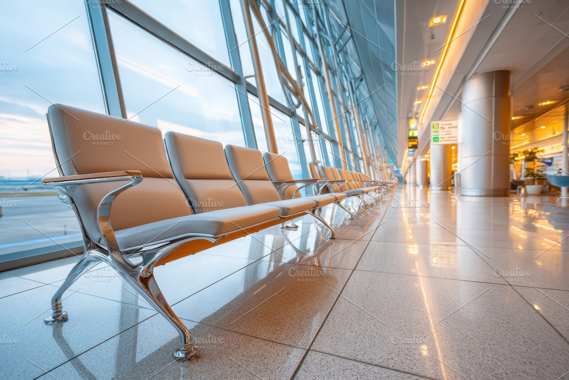 Modern airport terminal with empty waiting area, an Architecture Photo by AlyaAnd