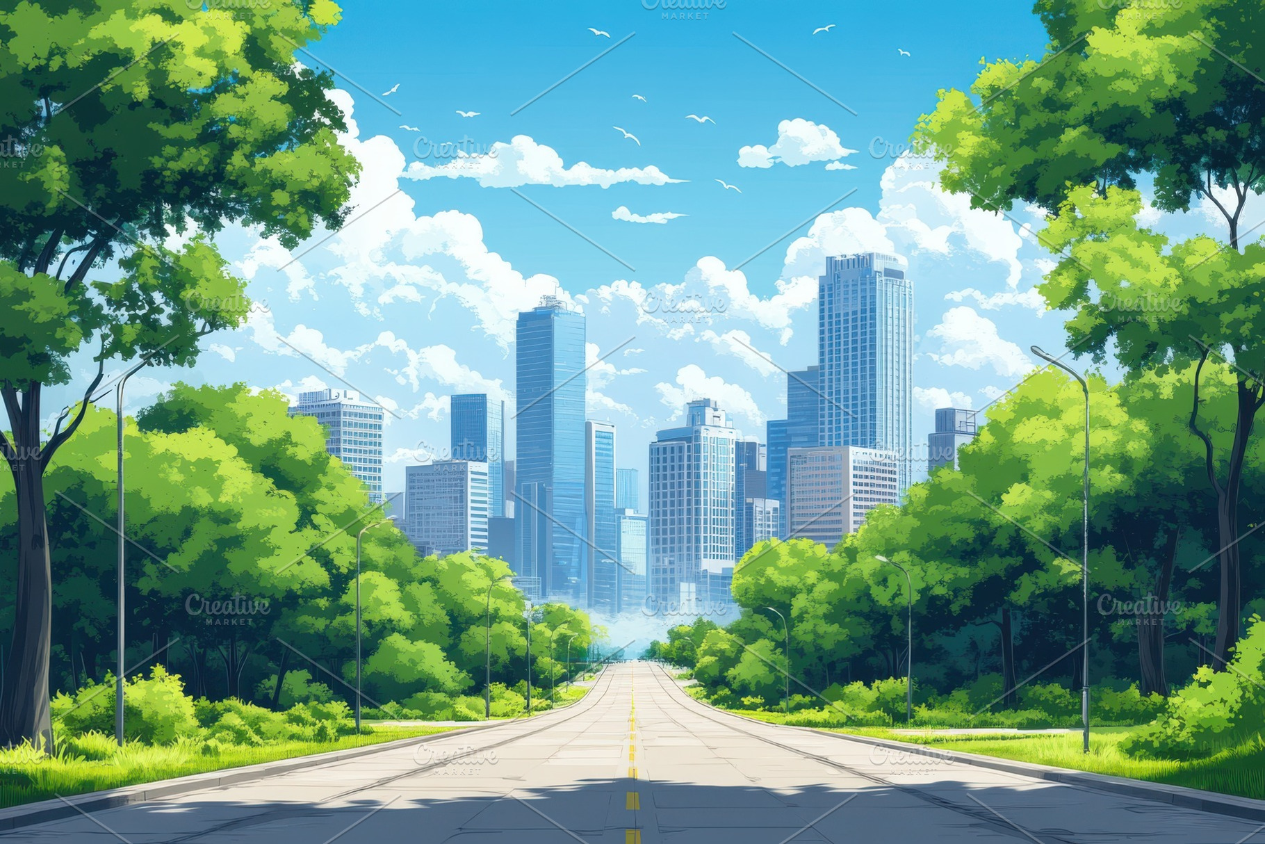 Cityscape Road Green Trees Summer Da, a Photo by Pixeness Studio