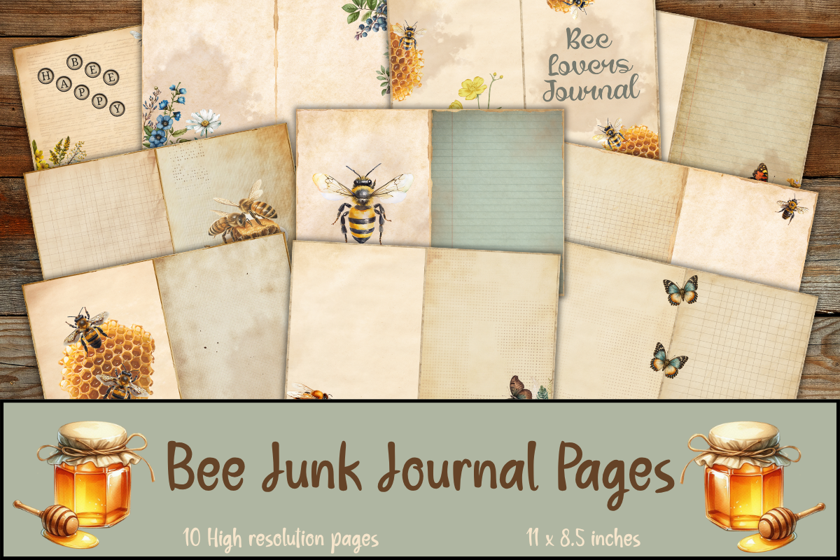 Vintage bee junk journal pages,, a Decorative Illustration by Shabbypaperboutique (Photo 5 of 5)