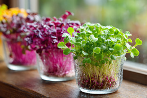 Microgreens flourishing on a kitchen counter with sunlight highlighting vibrant, a Food & Drink Photo by AlyaAnd