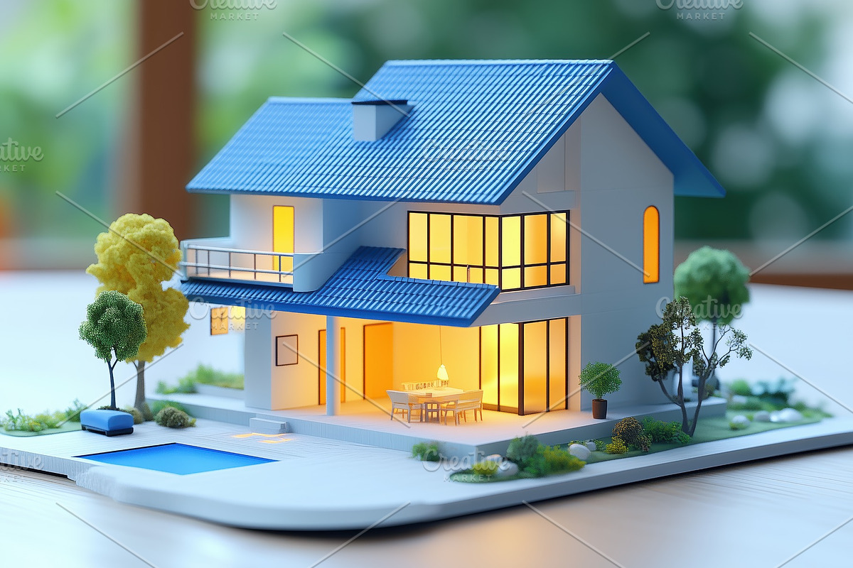 A miniature model of a modern house with a blue roof, large windows, and warm l, an Object Illustration by Textures & Backgrounds